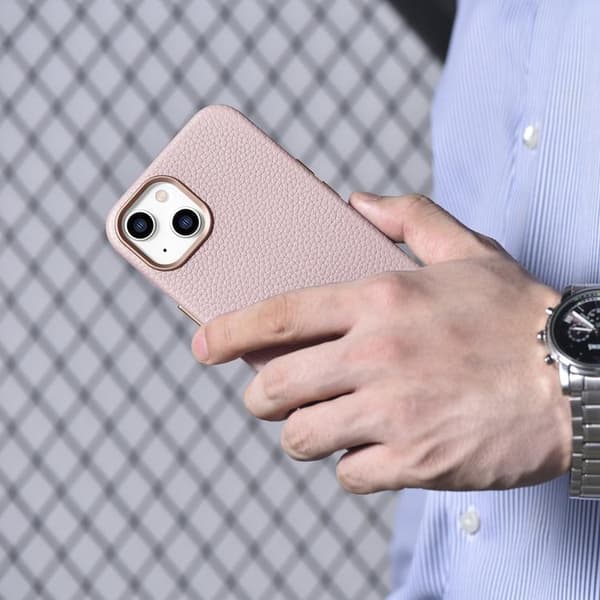 iCarer iPhone 14 Skal Magsafe Äkta Läder Litchi Premium - Rosa