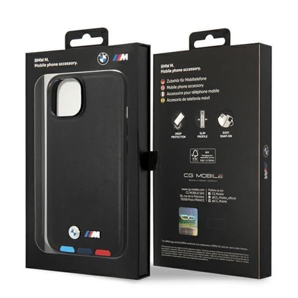 BMW iPhone 14 Plus Skal Läder Stamp Tricolor - Svart