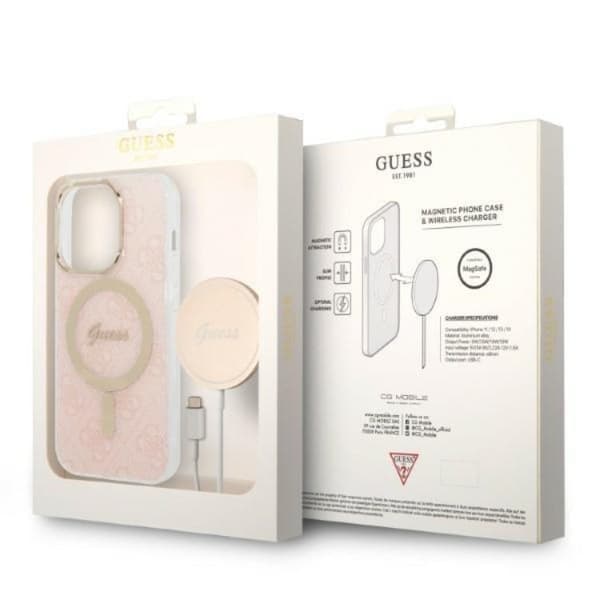 GUESS iPhone 14 Pro Magsafe Skal Print + Trådlös Laddare - Rosa