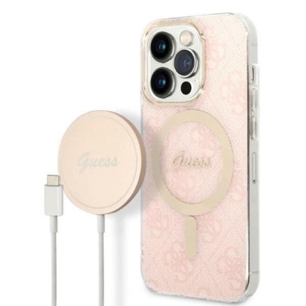 GUESS iPhone 14 Pro Magsafe Skal Print + Trådlös Laddare - Rosa