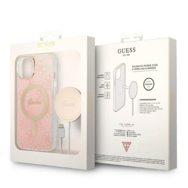 GUESS iPhone 14 Magsafe Skal Print + Trådlös Laddare - Rosa