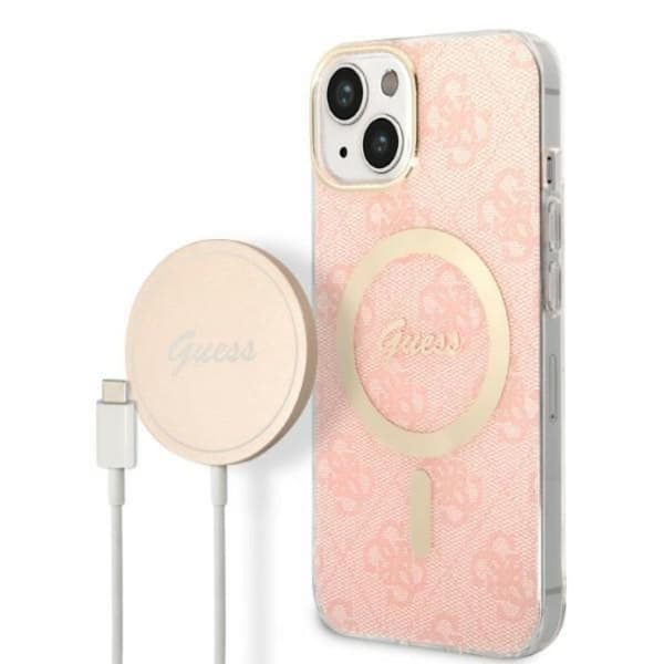 GUESS iPhone 14 Magsafe Skal Print + Trådlös Laddare - Rosa