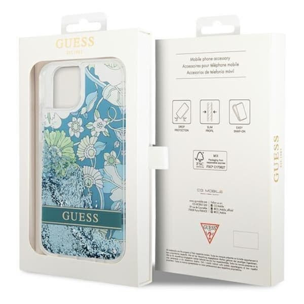 GUESS iPhone 14 Skal Flower Liquid Glitter - Grön
