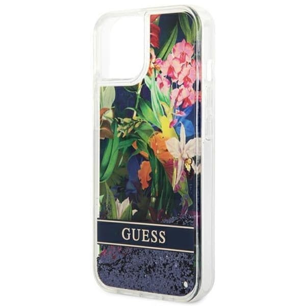 GUESS iPhone 14 Plus Skal Flower Liquid Glitter - Blå