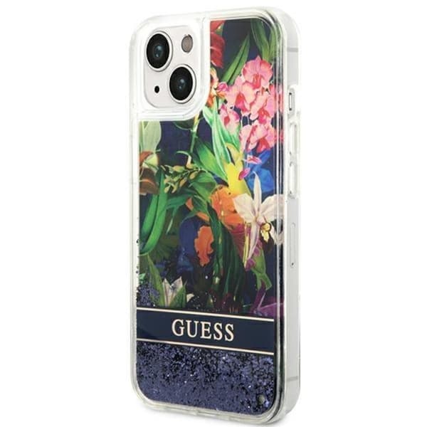 GUESS iPhone 14 Plus Skal Flower Liquid Glitter - Blå