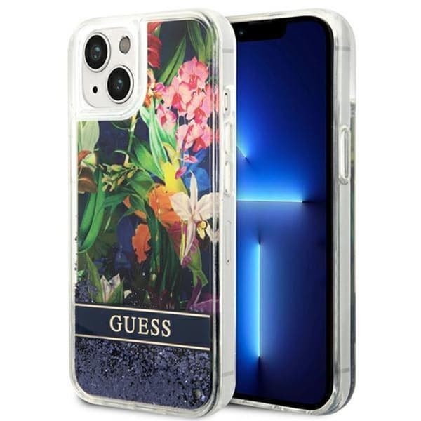 GUESS iPhone 14 Plus Skal Flower Liquid Glitter - Blå