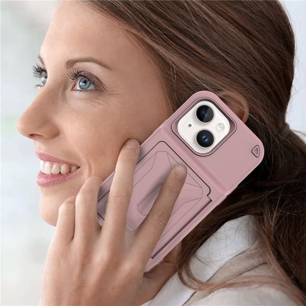 iPhone 14 Plus Skal Korthållare Mirror Kickstand - Rosa