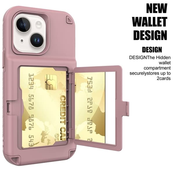 iPhone 14 Plus Skal Korthållare Mirror Kickstand - Rosa