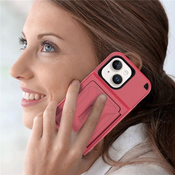 iPhone 14 Plus Skal Korthållare Mirror Kickstand - Röd