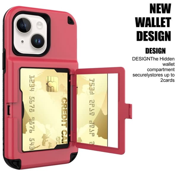 iPhone 14 Plus Skal Korthållare Mirror Kickstand - Röd