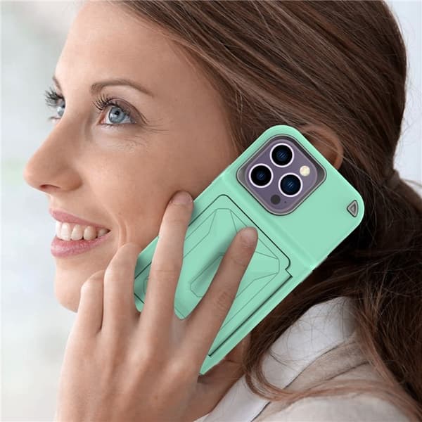 iPhone 14 Pro Skal Korthållare Mirror Kickstand - Grön
