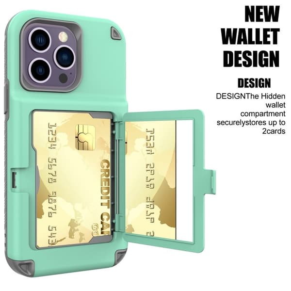 iPhone 14 Pro Skal Korthållare Mirror Kickstand - Grön