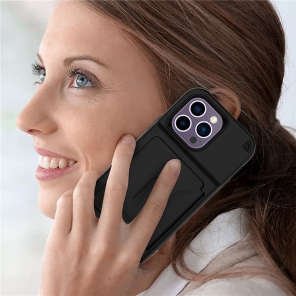iPhone 14 Pro Skal Korthållare Mirror Kickstand - Svart