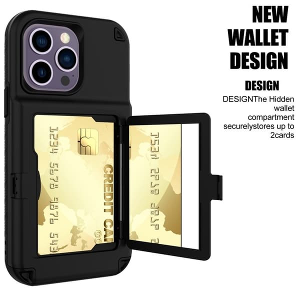 iPhone 14 Pro Skal Korthållare Mirror Kickstand - Svart