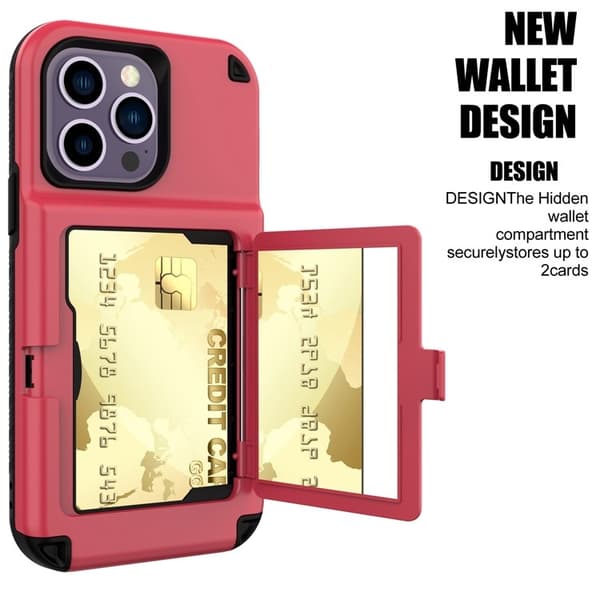 iPhone 14 Pro Skal Korthållare Mirror Kickstand - Röd