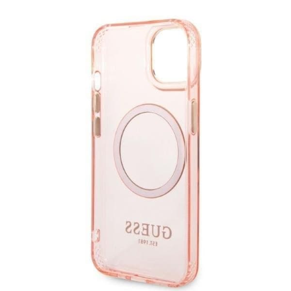 GUESS iPhone 14 Plus Skal MagSafe Gold Outline Translucent - Rosa