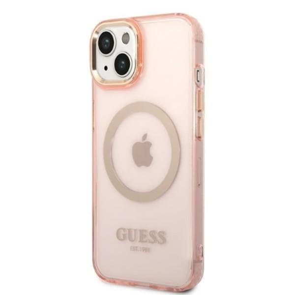 GUESS iPhone 14 Plus Skal MagSafe Gold Outline Translucent - Rosa