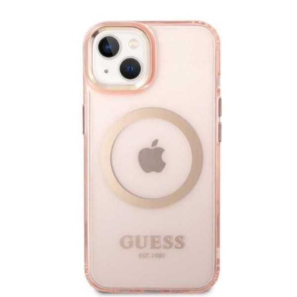 GUESS iPhone 14 Skal MagSafe Gold Outline Translucent - Rosa