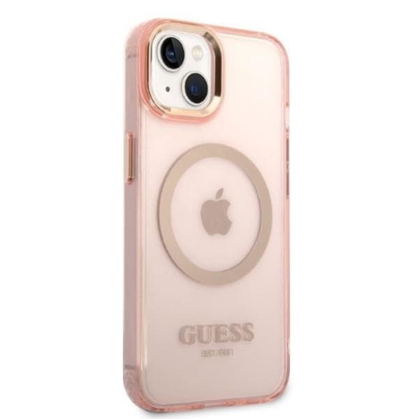 GUESS iPhone 14 Skal MagSafe Gold Outline Translucent - Rosa
