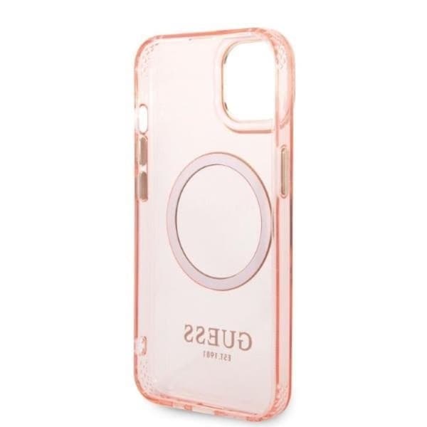 GUESS iPhone 14 Skal MagSafe Gold Outline Translucent - Rosa