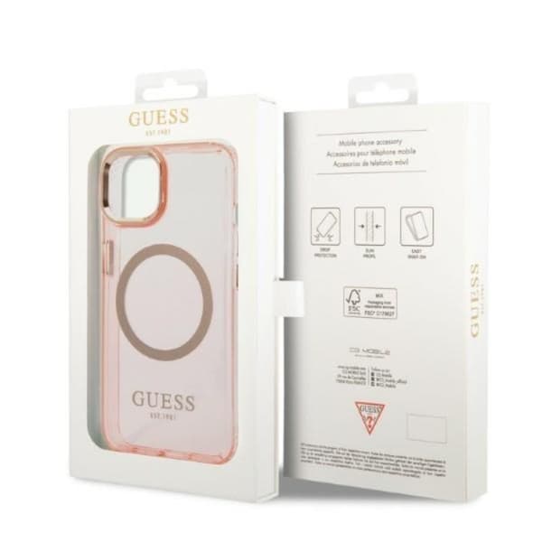 GUESS iPhone 14 Skal MagSafe Gold Outline Translucent - Rosa