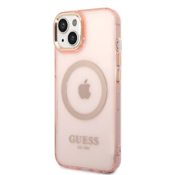 GUESS iPhone 14 Skal MagSafe Gold Outline Translucent - Rosa
