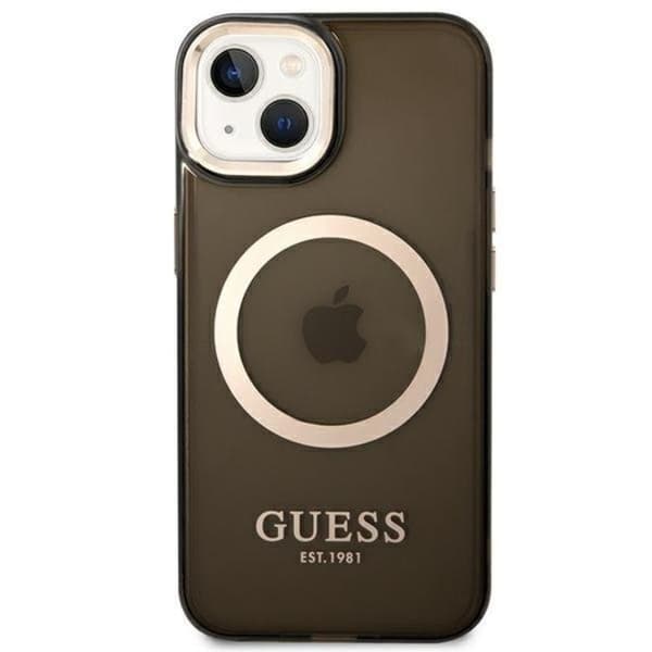GUESS iPhone 14 Skal Magsafe Gold Outline Translucent - Svart