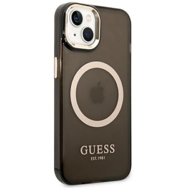 GUESS iPhone 14 Skal Magsafe Gold Outline Translucent - Svart