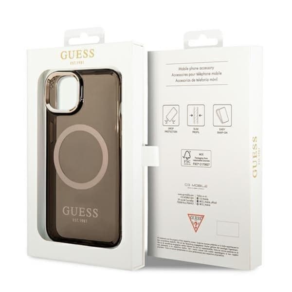 GUESS iPhone 14 Skal Magsafe Gold Outline Translucent - Svart