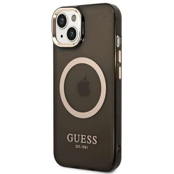 GUESS iPhone 14 Skal Magsafe Gold Outline Translucent - Svart