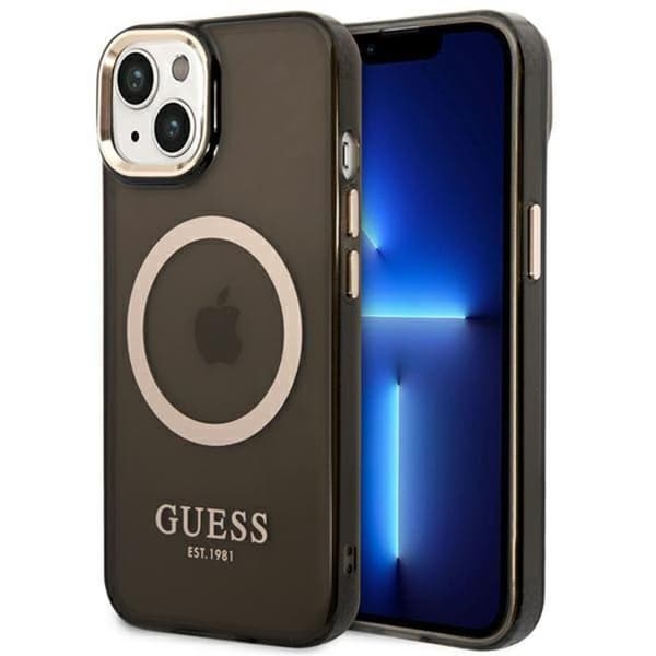 GUESS iPhone 14 Skal Magsafe Gold Outline Translucent - Svart