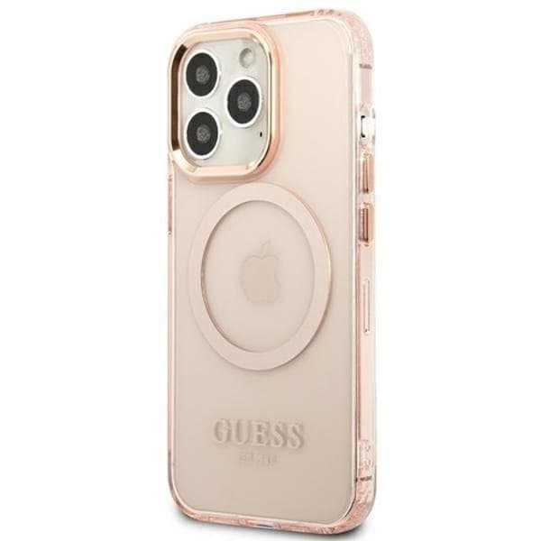 GUESS iPhone 13 Pro Max Skal MagSafe Gold Outline Translucent - Rosa