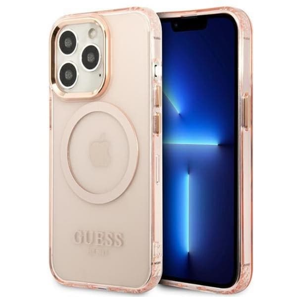 GUESS iPhone 13 Pro Max Skal MagSafe Gold Outline Translucent - Rosa
