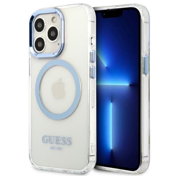Guess iPhone 13 Pro Skal Magsafe Metal Outline - Blå