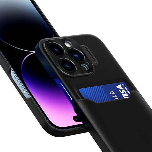 iPhone 14 Pro Max Skal Korthållare Läder Kickstand - Svart
