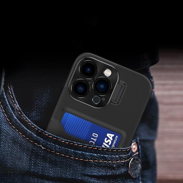 iPhone 14 Pro Max Skal Korthållare Läder Kickstand - Svart