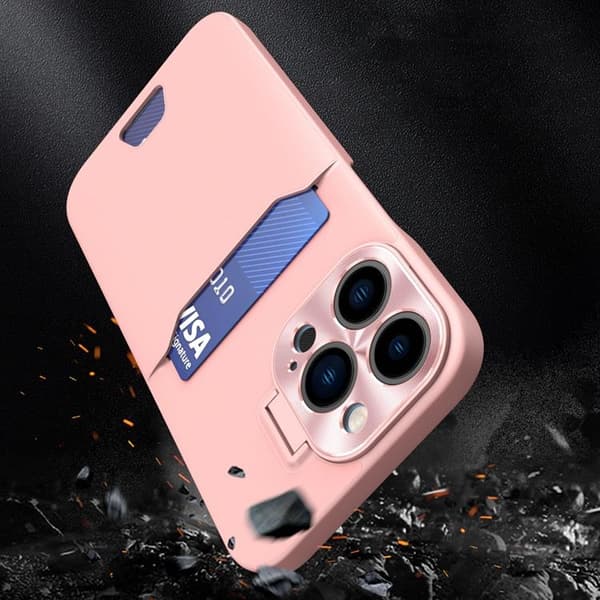iPhone 14 Pro Skal Korthållare Läder Kickstand - Rosa