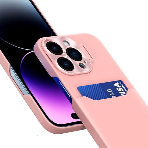 iPhone 14 Pro Skal Korthållare Läder Kickstand - Rosa