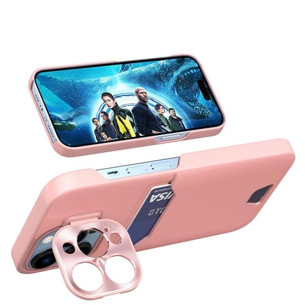 iPhone 14 Pro Skal Korthållare Läder Kickstand - Rosa
