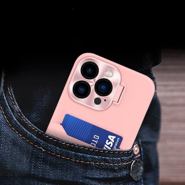 iPhone 14 Pro Skal Korthållare Läder Kickstand - Rosa