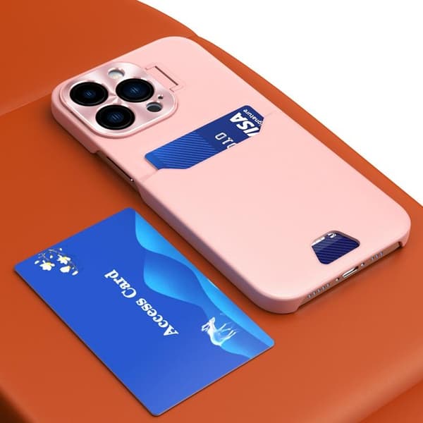 iPhone 14 Skal Korthållare Läder Kickstand - Rosa