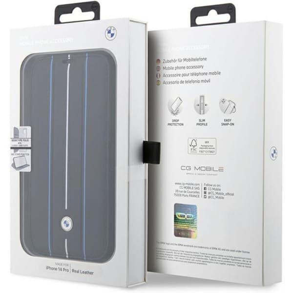 BMW iPhone 14 Pro Plånboksfodral Läder Stramp Lines - Blå