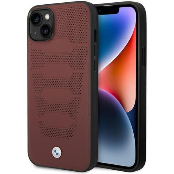 BMW iPhone 14 Mobilskal Läder Seats Pattern - Burgundy