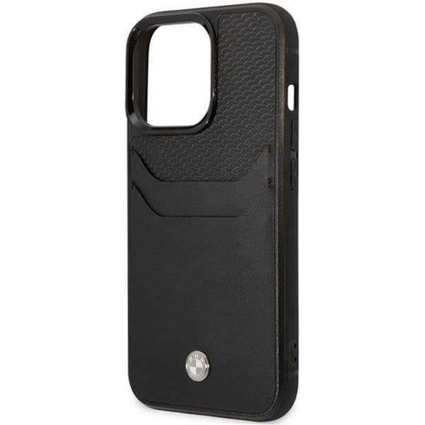 BMW iPhone 14 Pro Max Korthållare Mobilskal Läder - Svart