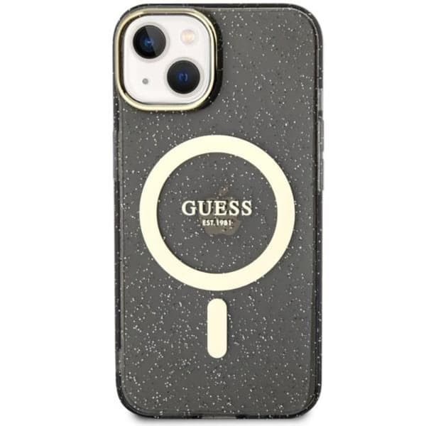 Guess iPhone 14 Plus Mobilskal MagSafe Glitter Guld - Svart