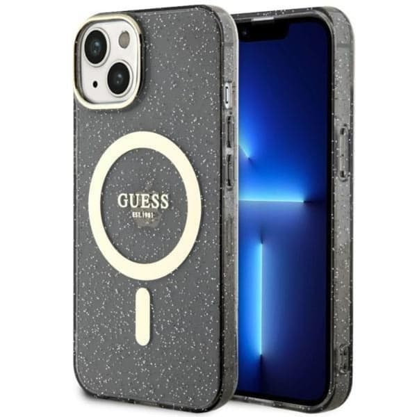 Guess iPhone 14 Plus Mobilskal MagSafe Glitter Guld - Svart