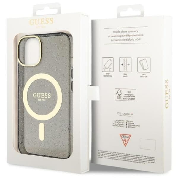 Guess iPhone 14 Plus Mobilskal MagSafe Glitter Guld - Svart