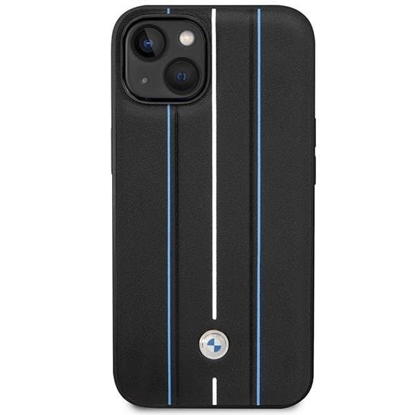 BMW iPhone 14 Mobilskal Läder Stamp Blue Lines - Svart