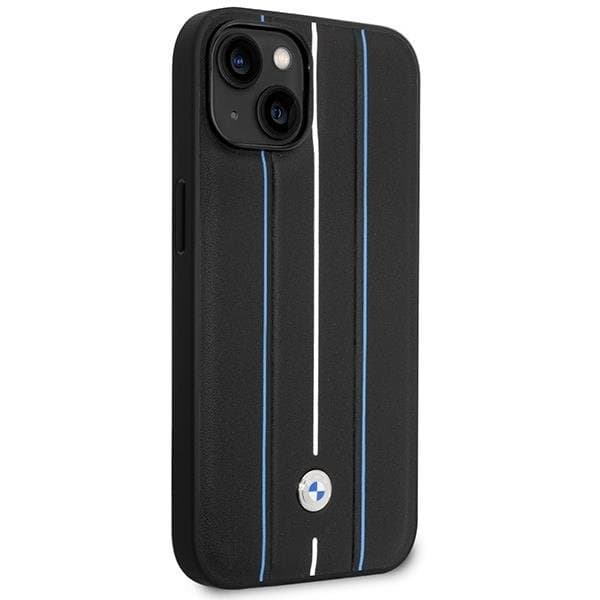 BMW iPhone 14 Mobilskal Läder Stamp Blue Lines - Svart