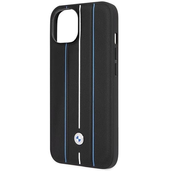 BMW iPhone 14 Mobilskal Läder Stamp Blue Lines - Svart
